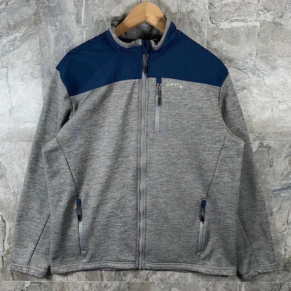 Orvis Jacket Men's Large Bonded Mesh Full Zip Grey/Blue Logo Pockets